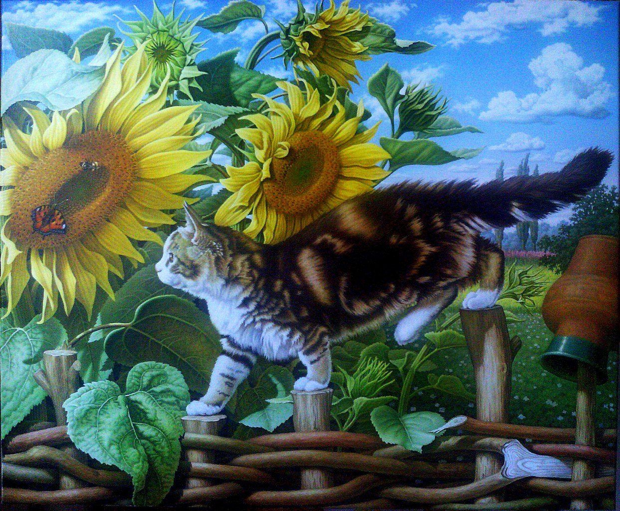 Рисунок коты на заборе